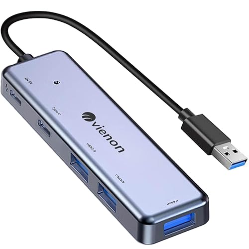 USB 3.0 Hub 5 in 1, USB Splitter with USB-C Power Port, USB-C Data Port, USB Port Hub USB Extender for MacBook, Laptop, Surface Pro, PS4, PC, Flash Drive, Mobile HDD - USB 3.0 Hub - Silver