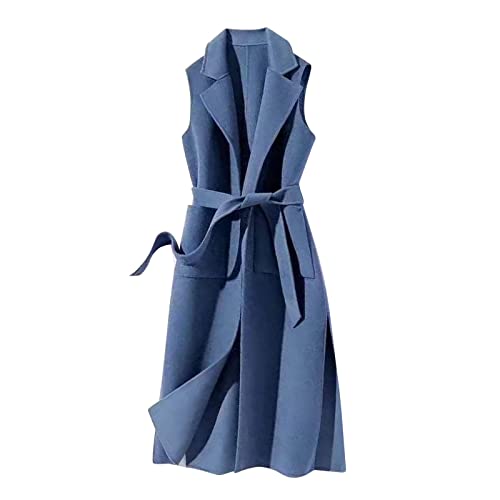 POTTOA Womens Thicken Long Trench Coats Women's Autumn and Winter Vest Woolen Solid Color Strap Personality Wool Trench Coat - Medium - Blue