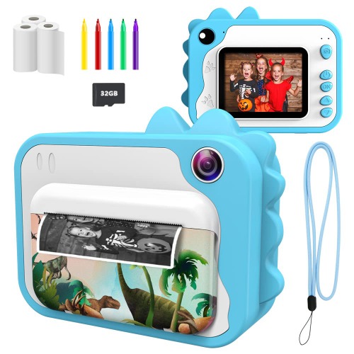 USHINING Instant Print Camera for Kids, 1080P Kids Digital Camera, Print Camera with 2.4 Inch Screen, 32GB TF Card, 3 Rolls Print Paper, 5 Color Pens, Gifts for 3-12 Year Old Boys Girls (Blue)