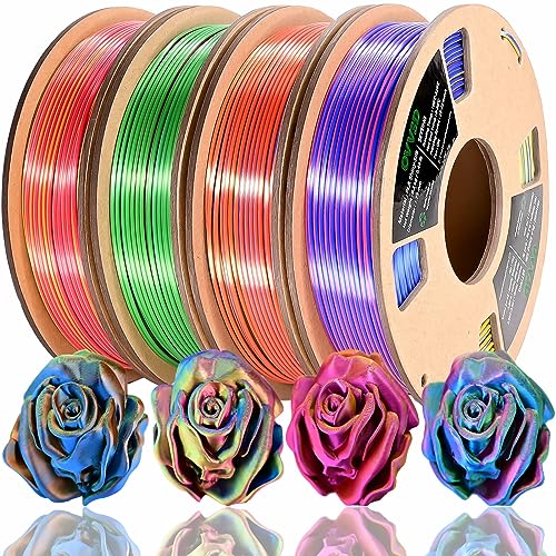 PLA Filament 1.75mm, Tri-Colors 3D Printer Filament, Rainbow PLA Filament Bundle, Coextrusion 3D Filament with Silk PLA Color Change, 3D Printing Filament +/-0.02mm, 200g X 4 Spool - 4 Pack Tri-color in One