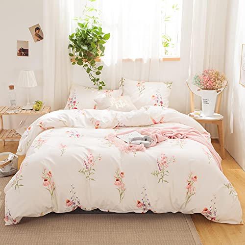 Off White Floral Bedding Pink Flowers Duvet Cover Set Pink Lavender Flowers Printed Design Off White Country Style Bedding Sets Queen 1 Duvet Cover 2 Pillowcases (Off White, Queen) - Queen - Off White