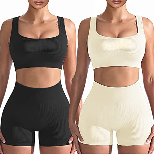 Workout Sets for Women 2 Piece, Cute YOGA Workout Set, Two Piece Workout Outfits,2 Pack - Black + White - Small