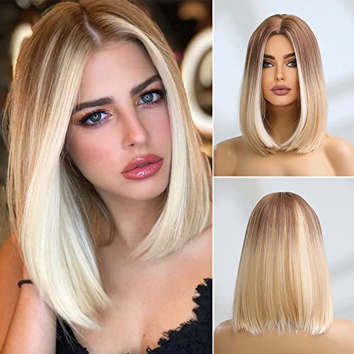 JOOLER Medium length Honey blonde Bob Wigs, Omber Platinum Blonde Wigs for Women, Natural Looking Middle Part Synthetic Wig, Hair Replacement Highlight Wigs for Daily Cosplay Party Halloween Costume 14 inch - 1- Blonde Ombre Bob