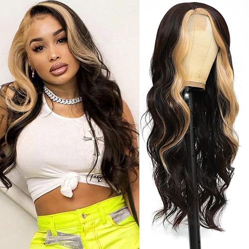 xccoco Long Wavy Wigs for Women Black Highlighted Wig Body Wave Synthetic Lace Wig 28inch Black Wig with Blonde Streaks Highlight Wig Heat Resistant Curly Wavy Side Part Wig - 28 Inch - Natural Color&Blonde