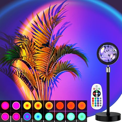 Bavcieu Sunset Lamp, Sunset Projection Lamp with Remote 16 Colors, Multiple Colors Night Light 360° Rotation Sunset Lights for Photography/Selfie/Party/Living Room/Bedroom Decor, Gifts for Women - remote type 02