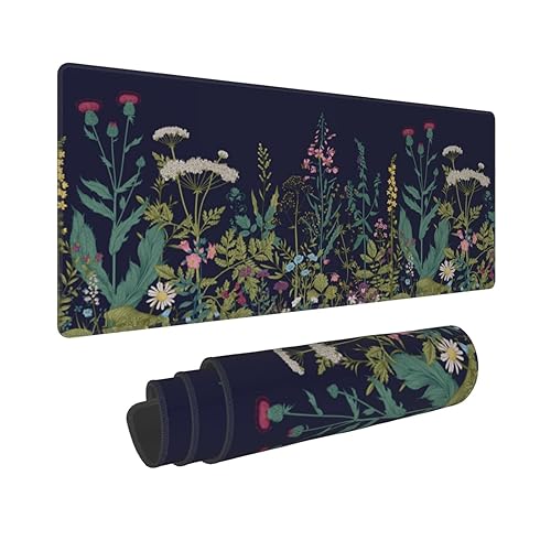 Flower Extended Gaming Mouse Pad Abstract Black Desk Mat 31.5x11.8 Inch Floral Texture Non-Slip Rubber Base Weeds Mousepad Stitched Edges Keyboard Mouse Mat Desk Pad for Office Home Game - Flower