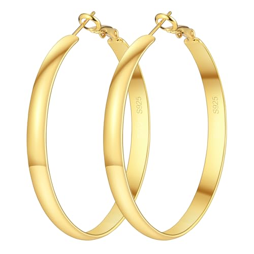 IDJEOABL 5mm Wide Gold Hoop Earrings for Women Girls 14K Gold Plated Large Big Flat Hoop Earrings for Women Lightweight Hypoallergenic Earrings Jewelry for Women Trendy - 70mm - Gold