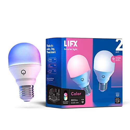 LIFX Color A19 800 lumens, Billions of Colors and Whites, Wi-Fi Smart LED Light Bulb, No Bridge Required, Works with Alexa, Hey Google, HomeKit and Siri (2-Pack) - 2 Count (Pack of 1) - Bulb