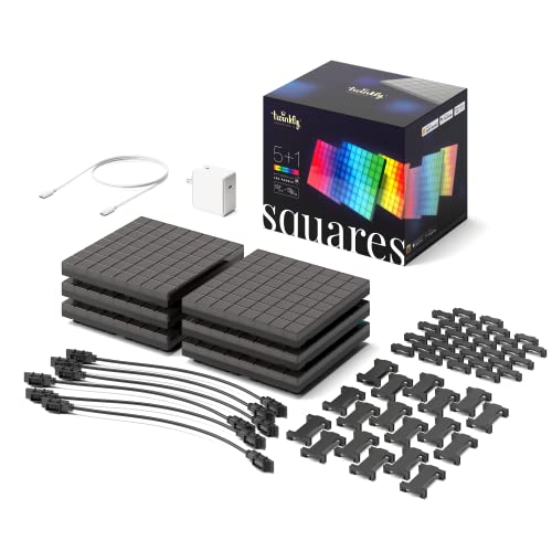 Twinkly Squares Starter Kit – App-Controlled LED Panels with 64 RGB (16 Million Colors) Pixels. Black. 1 Master Tile + 5 Extension Tiles. Indoor Smart Home Lighting Decoration - 36.0 Watts