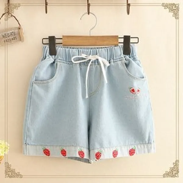 Kawaii Fairyland - Strawberry Embroidered Denim Shorts | YesStyle