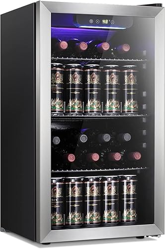 Antarctic Star 26 Bottle 130 Can Wine Cooler/Cabinet Beverage Refrigerator Mini Wine Cellar Beer Soda Clear Glass Door Bar Fridge Quiet Compressor Adjust Temp Freestanding Indoor Use 3.2cu.ft Black - 3.2 Cu. ft - Silver