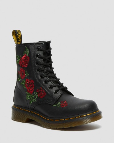1460 Vonda Floral Rose Leather Lace Up Boots in Black | Dr. Martens