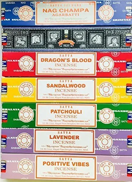 Satya Incense Gift Set Nag Champa, Super hit, Dragon's Blood, Sandalwood, Patchouli, Lavender, Positive Vibes, 15 g