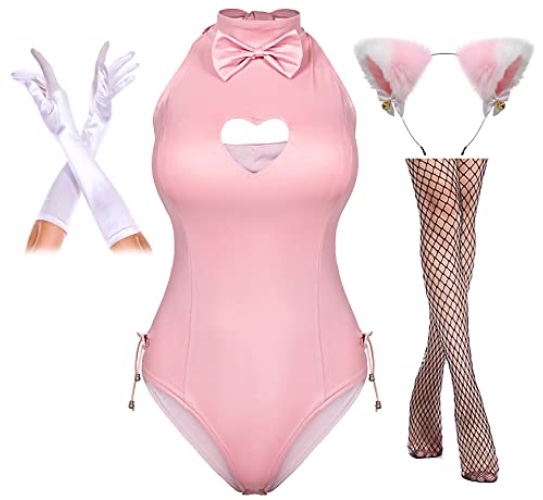 Womens Bunny Girl Suit Button Crotch Romper Onesie Bodysuit Cosplay Costume Furry Cat Ear Gloves Socks Set - M - Pink