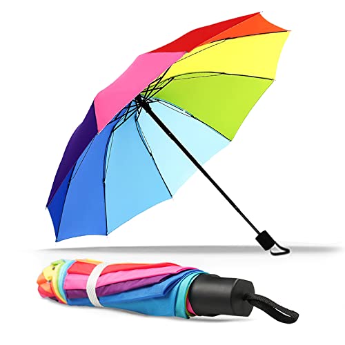 Gelasgo Compact Travel Umbrella, Portable Folding Windproof and Rainproof Rainbow Umbrella, 10 Ribs Strong and Fastened Umbrella for Adult Men and Women, Different Seasons