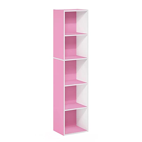 Furinno Pasir 5-Tier Open Shelf Bookcase, Pink/White - 5-Tier Cube - White/Pink