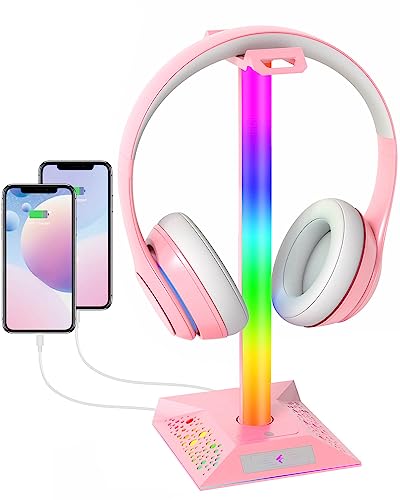 Headphone Stand PC Gaming Accessories - RGB Headset Stand Headphone Holder for Boy Gamer, Cool LED Headset Stand with 2 USB Charger for Desk - Pink