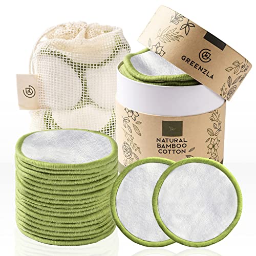 Greenzla Reusable Makeup Remover Pads (20 Pack) With Washable Laundry Bag And Round Box for Storage |Eco-Friendly Natural Bamboo and Organic Cotton Rounds For All Skin Types - 20 Count (Pack of 1)