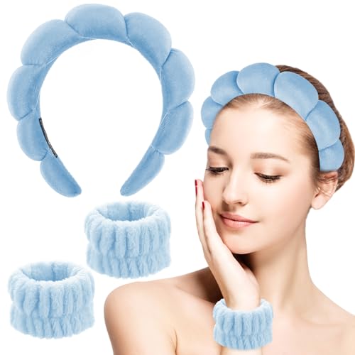 Sibba Sponge Headband Wristband Sets for Washing Face, Makeup Headbands for Women Girls, Skincare Makeup Removal Wash Spa Yoga Sports Shower Head Band Terry Towel Cloth Hair Band (Blue) - Blue