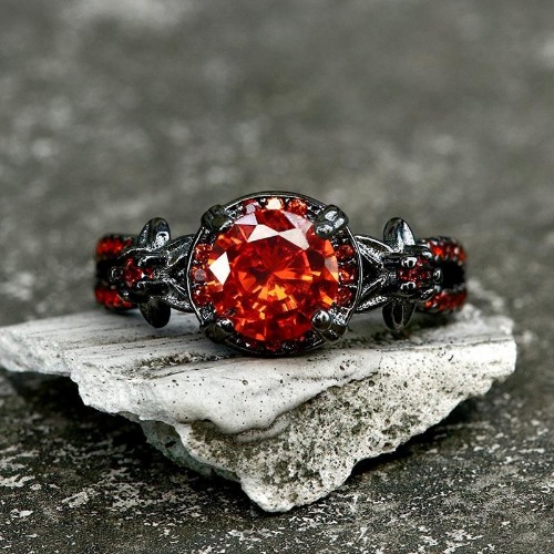 Black Diamond-Set Brass Engagement Ring - Red / 6.5