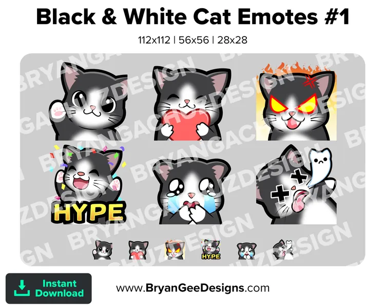Black and White Cat Tuxedo Cat Twitch Emotes for Streaming Wave Love Rage HYPE Sad RIP Youtube Emotes Discord Stickers