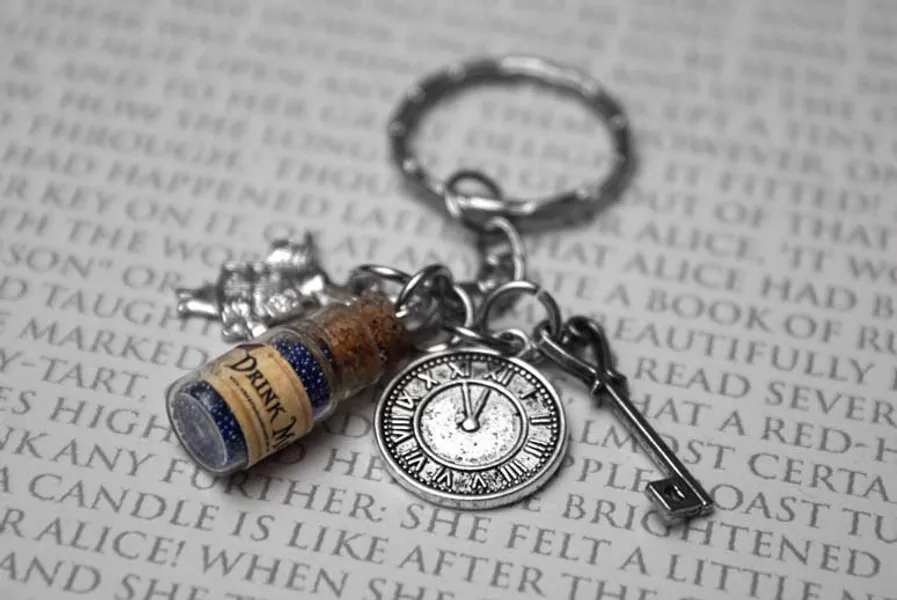 Alice in Wonderland Charm Keyring - Antiqued Silver Plate, Drink Me, Charms, Lewis Carroll, Alice, Mad Hatter, Steam Punk, Keychain, Keyring