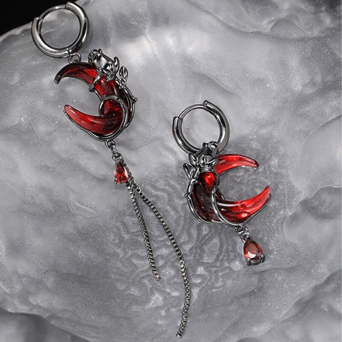 Gothic Red Moon Rose Alloy Earrings - Alloy / A / A Pair