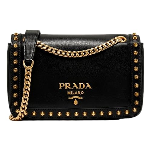Prada Blue Black Glace Leather Studded Trim Crossbody Handbag 1BD147