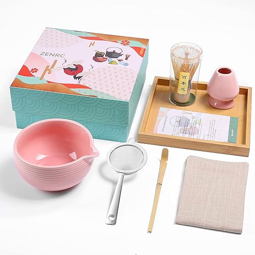 ZENRC Ceremony Matcha Kit - Traditional Bamboo Matcha Whisk (Chasen) Scoop (Chashaku) Chawan Bowl with Pouring Spout Whisk Holder Sifter Tea Tray- The Perfect Matcha Set (Baby Pink, Set of 7) - Set of 7 - Pink