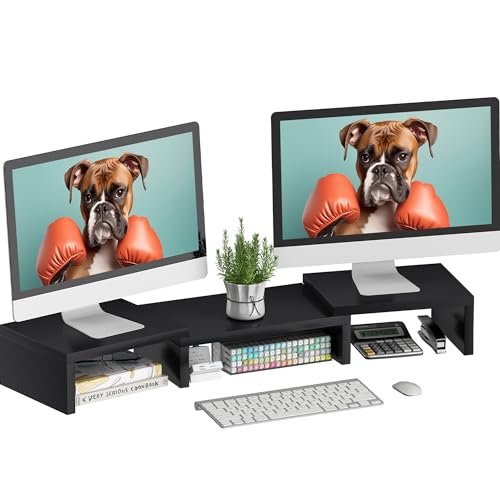 SUPERJARE Dual Monitor Stand Riser, Adjustable Length and Angle Screen Stand, Desktop Stand Storage Organizer for Laptop Computer/TV/PC/Printer- Black - Black