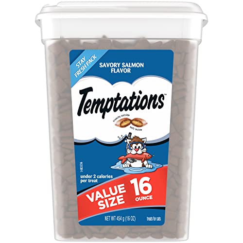 TEMPTATIONS Classic Crunchy and Soft Cat Treats Savory Salmon Flavor, 16 oz. Tub - Salmon - 16 Oz