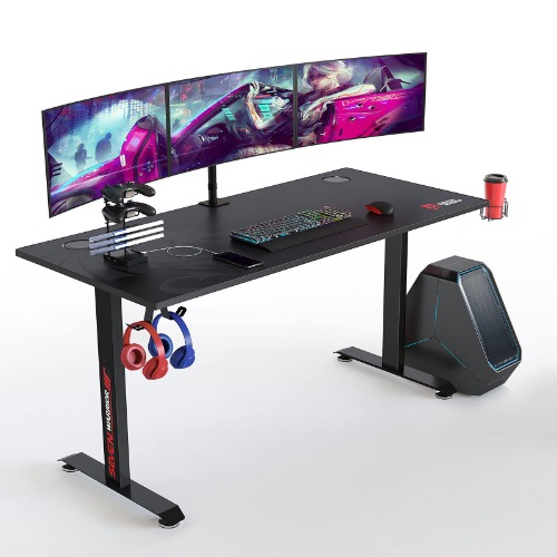 SEVEN WARRIOR Gaming Desk 60 INCH, T- Shaped Carbon Fiber Surface Computer Desk with Full Desk Mouse Pad, Ergonomic E-Sport Style Gamer Desk with Double Headphone Hook, USB Gaming Rack, Cup Holder - 60 INCH Black