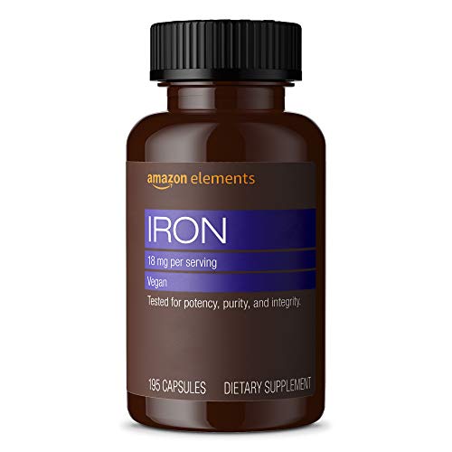 Amazon Elements Iron 18mg Capsules, Supports Red Blood Cell Production, Vegan, 195 Count, 6 month supply (Packaging may vary) - Unflavored - 195 Count (Pack of 1)