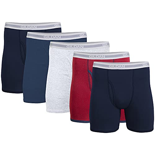Gildan Men's Underwear Boxer Briefs, Multipack - Classic Length - XX-Large - 5 - Navy/Heather Navy/Sport Grey/Dot/Navy (5-pack)