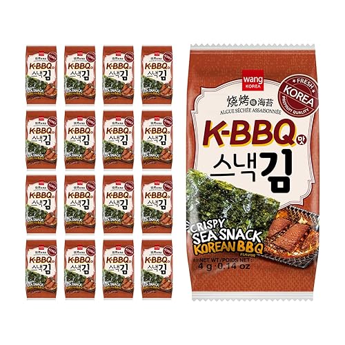 Wang Roasted Seaweed Snack, Korean Barbeque Flavored, Keto-friendly, Healthy Snack 0.14 Ounce, Pack of 16
