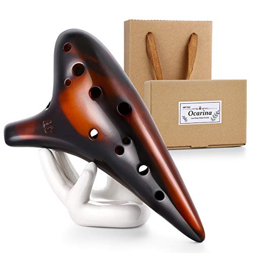 MIFOGE Ocarina 12 Hole Tones Alto C with Gift Wrapping Display Stand Neck Cord Protective Cover Song Book Strawfire Masterpiece Collectible Music Instrument Gift Idea For Kids Beginner Musician - Brown Strawfire