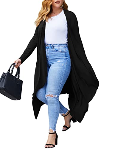 IN'VOLAND Women's Plus Size Cardigan Long Sleeve Open Front Drape Cardigans Lightweight Long Duster（L-5XL） - Black - 3X