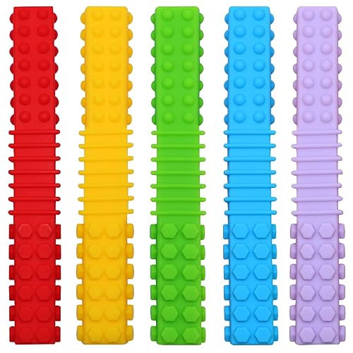 Sensory Chew Toys for Autistic Children, 5 Pack Silicone Chew Tube Teething Sticks Toys for Autism, ADHD, SPD, Chewies with Special Needs, Oral Motor Chewy Tool for Sensory Kids Chewer (Rainbow A) - Rainbow A