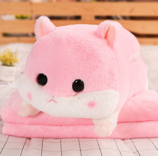 Plush Hamster Stuffed Toy Set - cushion 50cm +blanket 100x170cm / Pink