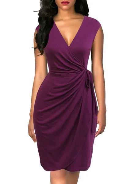 BERYDRESS Women Classy Cap Sleeve V Neck Draped Belt Knee-Length Faux Wrap Dress - X-Large Purple