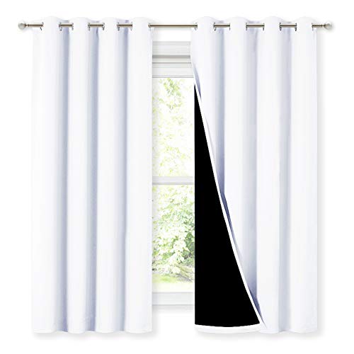 NICETOWN White 100% Blackout Lined Curtains, 2 Thick Layers Completely Blackout Window Treatment Thermal Insulated Drapes for Kitchen/Bedroom (1 Pair, 52 inches Width x 63 inches Length Each Panel) - 52 in x 63 in (W x L) - Pure White