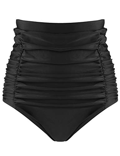 RELLECIGA Women's High Waisted Hipster Bikini Swimsuit Bottom Ruched Swim Bottom - Medium - Black