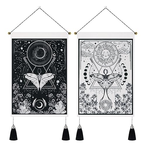 Pack of 2 Tapestry Sun and Moon Tapestry Moth Tapestries Yelllow and Orange Tapestry Flower Vine Tapestry Wall Hanging for Room (13.8 x 19.7 inches) - White - 13.8" x 19.7"
