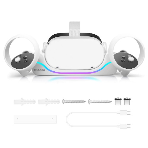 Vakdon Station de Charge Compatible pour Meta Quest 2 Casque, Support de Charge avec Lumière LED, Bureau Support Mural pour Casque et Manette, avec Connecteur USB-C, Quest 2 Accessoires