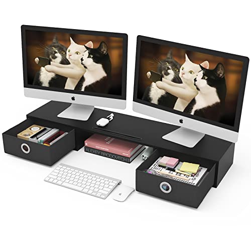 WESTREE Dual Monitor Stand Riser with Two Drawers, Extra Large Storage Monitor Stand for 2 Monitors, Desktop Oraganizer Stand for Computer,Laptop,Screen,Printer,TV - Black