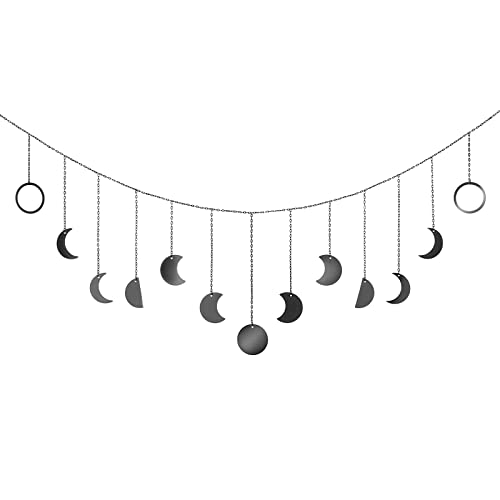 Mkono Moon Phase Wall Hanging Boho Aesthetic Room Decor Metal Moons Garland Hanging Art Bohemian Home Decoration for Girls Room Nursery Bedroom Livingroom Dorm, Ideal Gift, Black, 55" - Black - Large