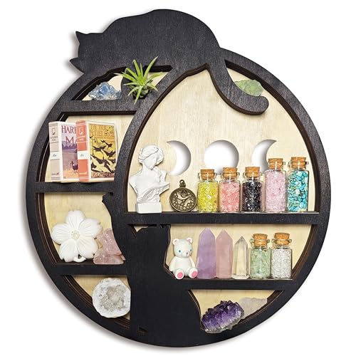 FNYDOX Cats on The Moon Crystal Display Shelf, Wooden Hanging Floating Shelf, Crescent Moon Phase Shelf Stones Essential Oil Organizer Rock Storage Gem Holder Wood Gothic Witchy Boho Home Wall Decor - Cats Moon