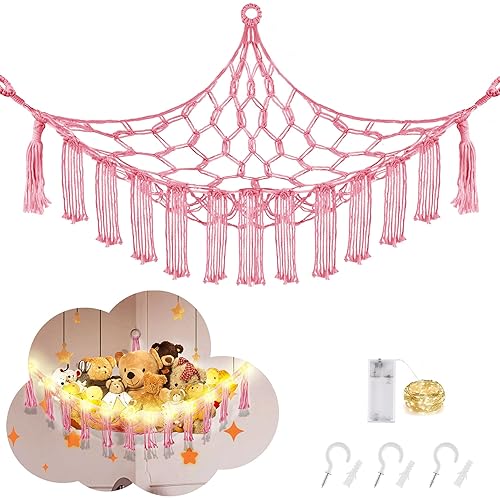 CERETIA Stuffed Animal Hammock with LED Light, Toy Hammock for Stuffed Animals Storage for Kids Room Decor, Stuffed Animal Hammock Corner, Pink - Large-(Package of 1) - Pink
