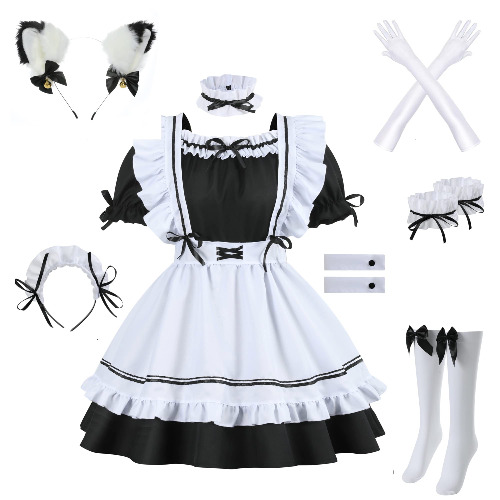 Catchcostume Cute Anime French Maid Dress 12Pcs Cake Skirt Heart Choker Cosplay Costume Party Cat Ear Gloves Socks Set - XX-Large - Black