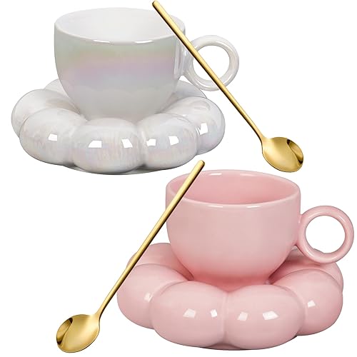 ARISKEY 10OZ/300ML Ceramic Cloud Mug Cute Cup with Sunflower Coaster 2PCS Novelty Ceramic Coffee Mug with Saucer Set for Home Office Coffee Tea Latte Milk-Pink and Iridescent White - Pink&White - 10.0OZ